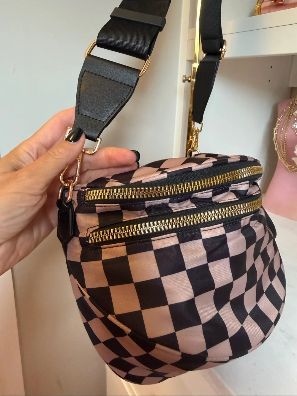 Black and Tan NWOT Checker Crossbody Bag Double Zip with Gold Hardware